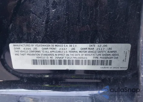 2007 Volkswagen Jetta from USA, damaged, VIN 3VWGF71K27M100501